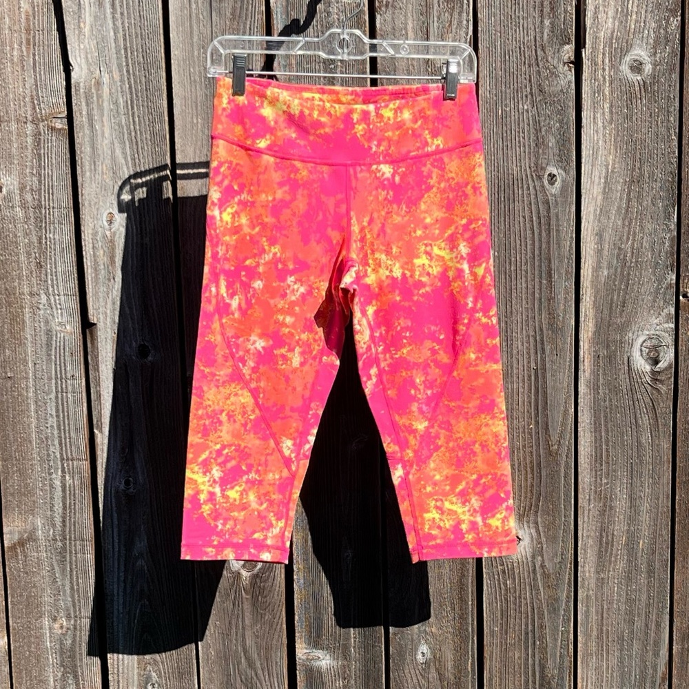 Zella Pink, orange & yellow neon crop workout leggings Small